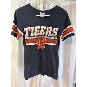 Detroit Tigers MLB Womens V-Neck T-Shirt Navy Blue Distressed Logo Size M Cotton